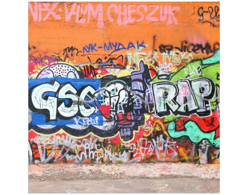 Wallario Tischplatte RAP-Graffiti- Wand mit verschiedenen Tags (1 St), für Ikea Lack Tisch geeignet von Wallario