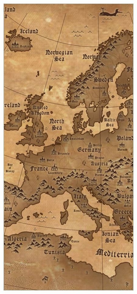 Wallario Türtapete Alte Weltkarte Karte von Europa in englisch, glatt, ohne Struktur von Wallario