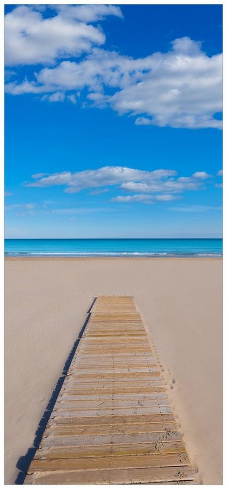 Wallario Türtapete Auf dem Holzweg zum blauen Meer, glatt, ohne Struktur von Wallario