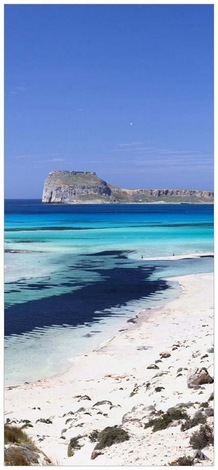 Wallario Türtapete Einsame Bucht mit weißem Sand und klarem Wasser, glatt, ohne Struktur von Wallario