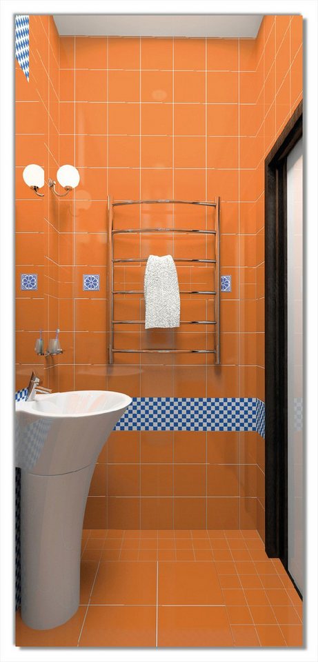 Wallario Türtapete Modernes Badezimmer in orange mit blauen Fliesen, glatt, ohne Struktur von Wallario