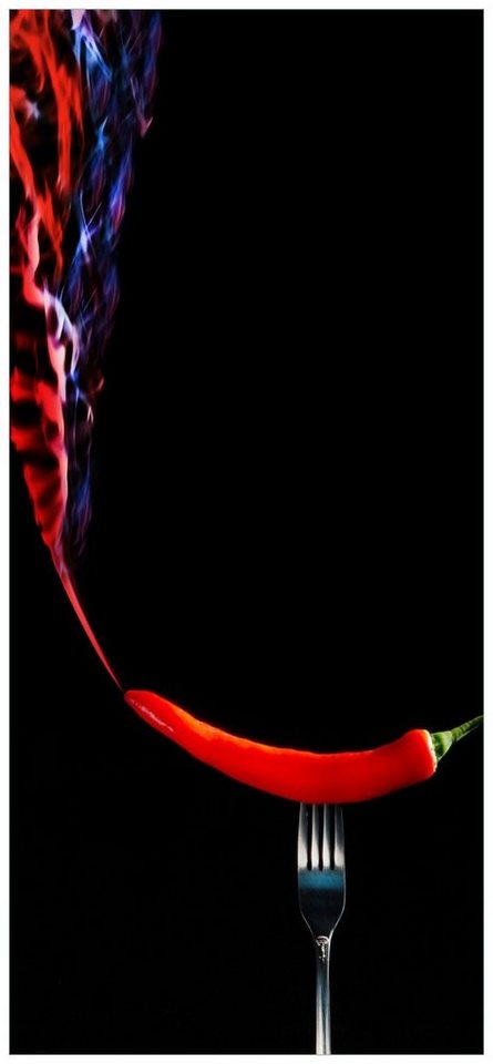 Wallario Türtapete Rauchende Chili-Schote an einer Gabel, glatt, ohne Struktur von Wallario