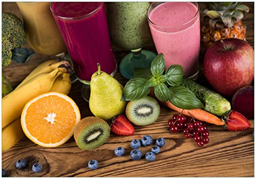 Wallario Vliestapete Fototapete Bunte Smoothies mit Obst in der Küche - Wandtapete Größe: 300 x 210 cm von Wallario