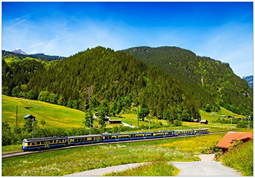 Wallario Vliestapete Fototapete Eisenbahn in Einer Sommerlandschaft in der Schweiz - Wandtapete Größe: 300 x 210 cm von Wallario