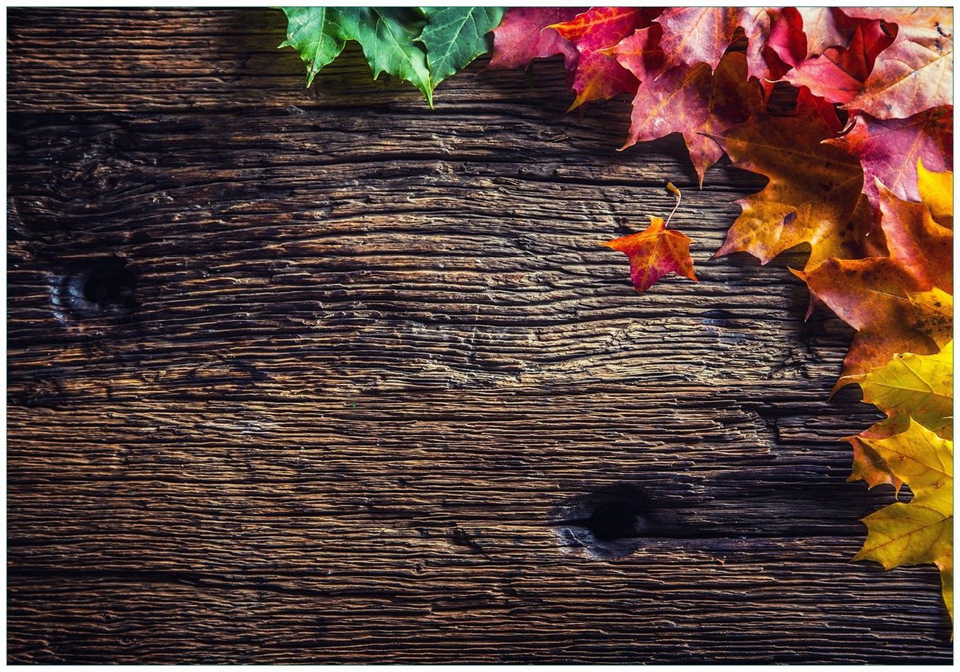 Wallario Vliestapete Herbstblätter auf altem Holz, Seidenmatte Oberfläche, hochwertiger Digitaldruck, in verschiedenen Größen erhältlich von Wallario