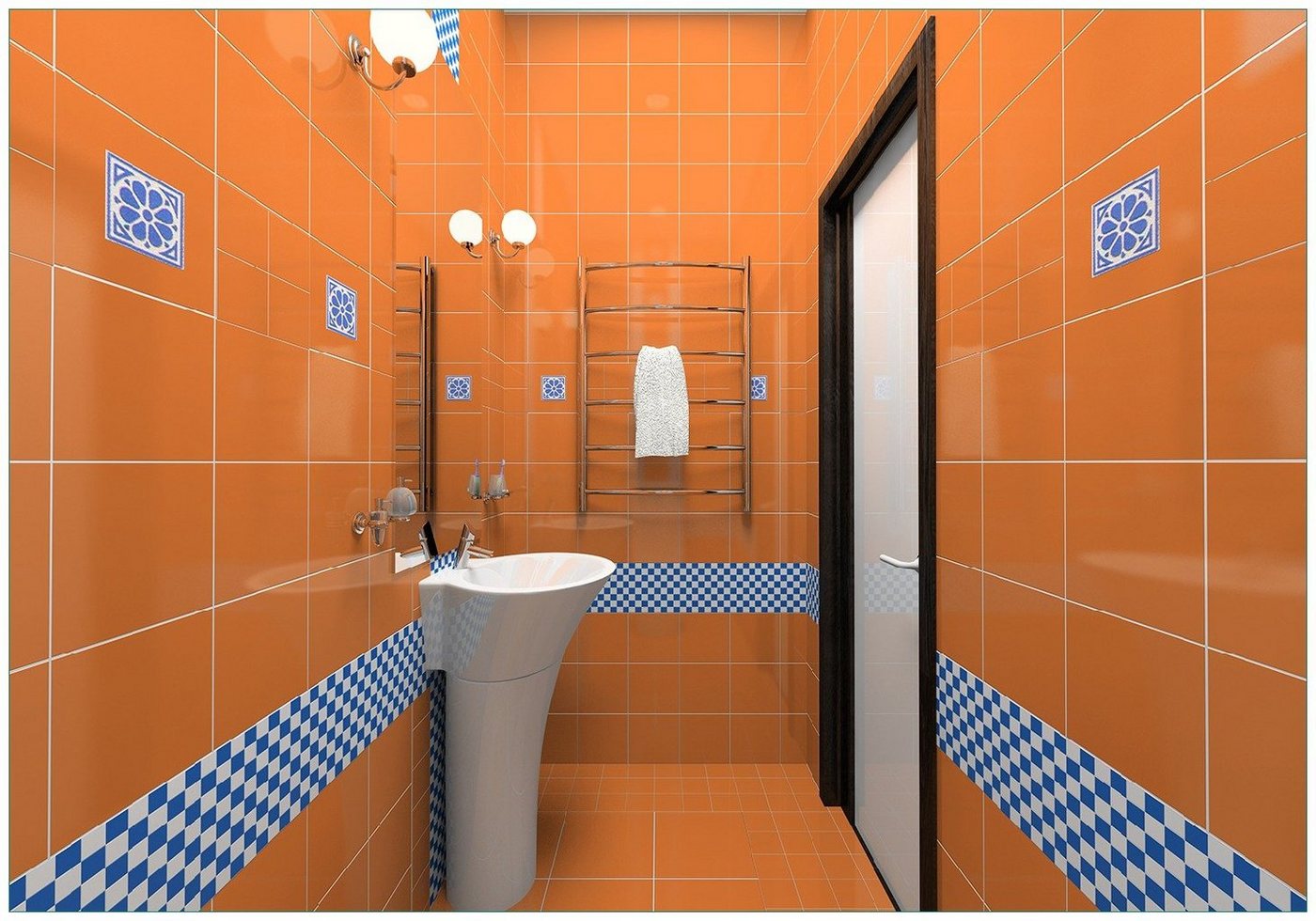 Wallario Vliestapete Modernes Badezimmer in orange mit blauen Fliesen, Seidenmatte Oberfläche, hochwertiger Digitaldruck, in verschiedenen Größen erhältlich von Wallario