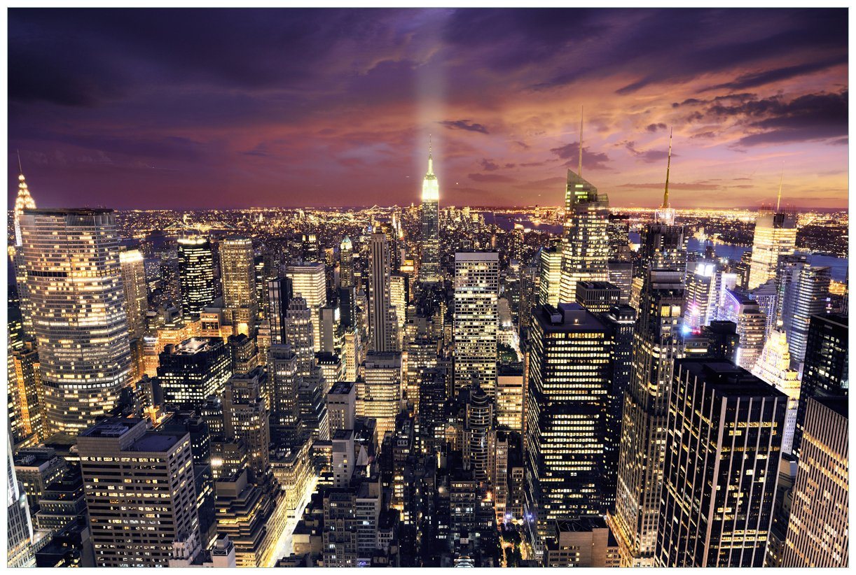 Wallario Vliestapete New York bei Nacht - Panoramablick über die Stadt, seidenmatte Oberfläche von Wallario