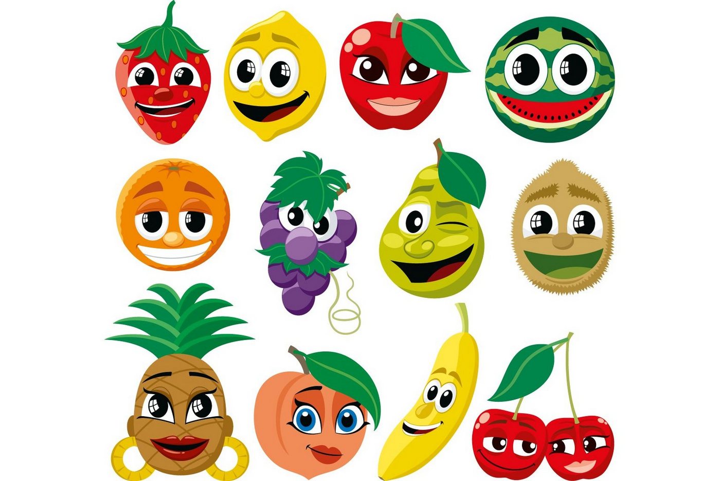 Wallario Vliestapete Obst-Smilies im Comic-Stil - Lustige Früchte, seidenmatte Oberfläche von Wallario