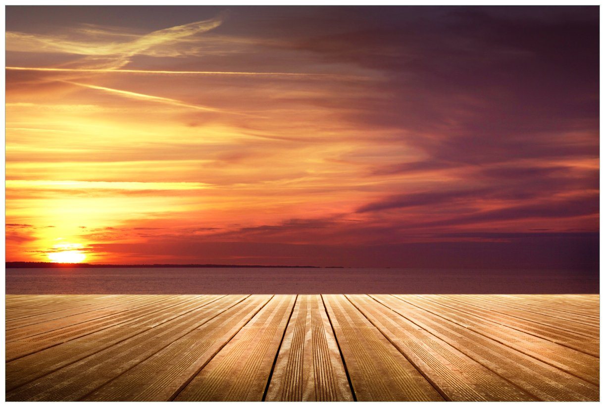 Wallario Vliestapete Steg am See - Sonnenuntergang und roter Himmel, seidenmatte Oberfläche von Wallario