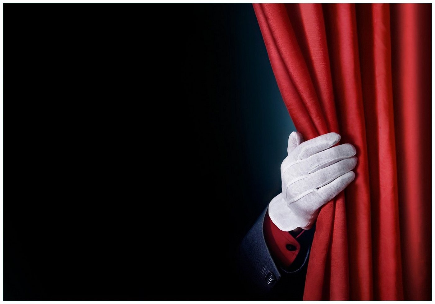 Wallario Vliestapete Vorhang auf für die Show Hand hinterm roten Vorhang, Seidenmatte Oberfläche, hochwertiger Digitaldruck, in verschiedenen Größen erhältlich Wallario Vliestapete Vorhang auf für die Show Hand hinterm roten Vorhang, Seidenmatte Oberfläche, hochwertiger Digitaldruck, in verschiedenen Größen erhältlich von Wallario