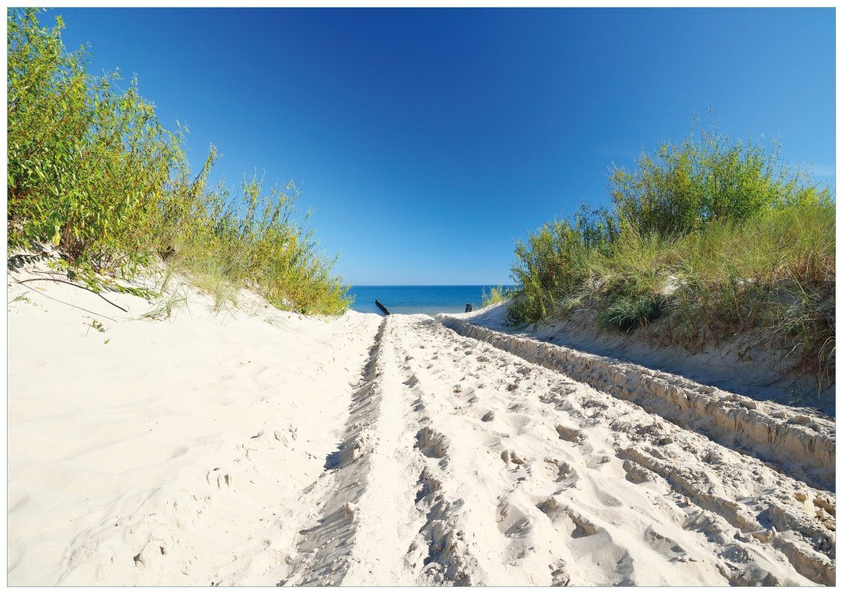 Wallario Wandbild, Auf dem Sandweg zum Strand - Blauer Himmel über dem Meer, in verschiedenen Ausführungen von Wallario