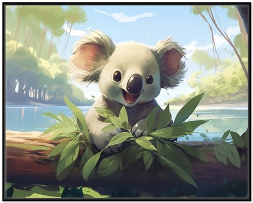 Wallario Wandbild - Australische Idylle: Der lächelnde Koala in Premiumqualität, Poster mit schwarzem Rahmen, Größe: 40 x 50 cm von Wallario