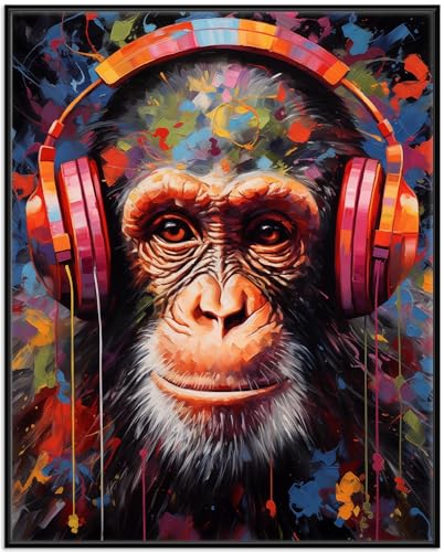 Wallario Wandbild - Schimpanse mit Kopfhörern in Premiumqualität, Poster mit schwarzem Rahmen, Größe: 40 x 50 cm von Wallario