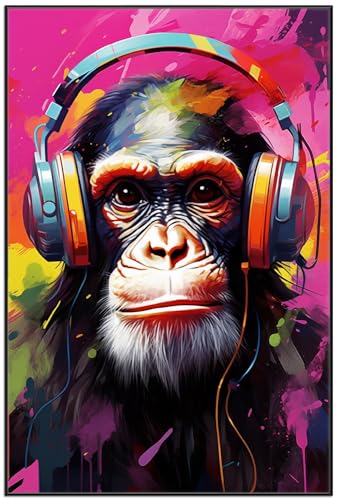 Wallario Wandbild - Schimpanse mit ernstem Blick in Premiumqualität, Poster mit schwarzem Rahmen, Größe: 61 x 91,5 cm von Wallario