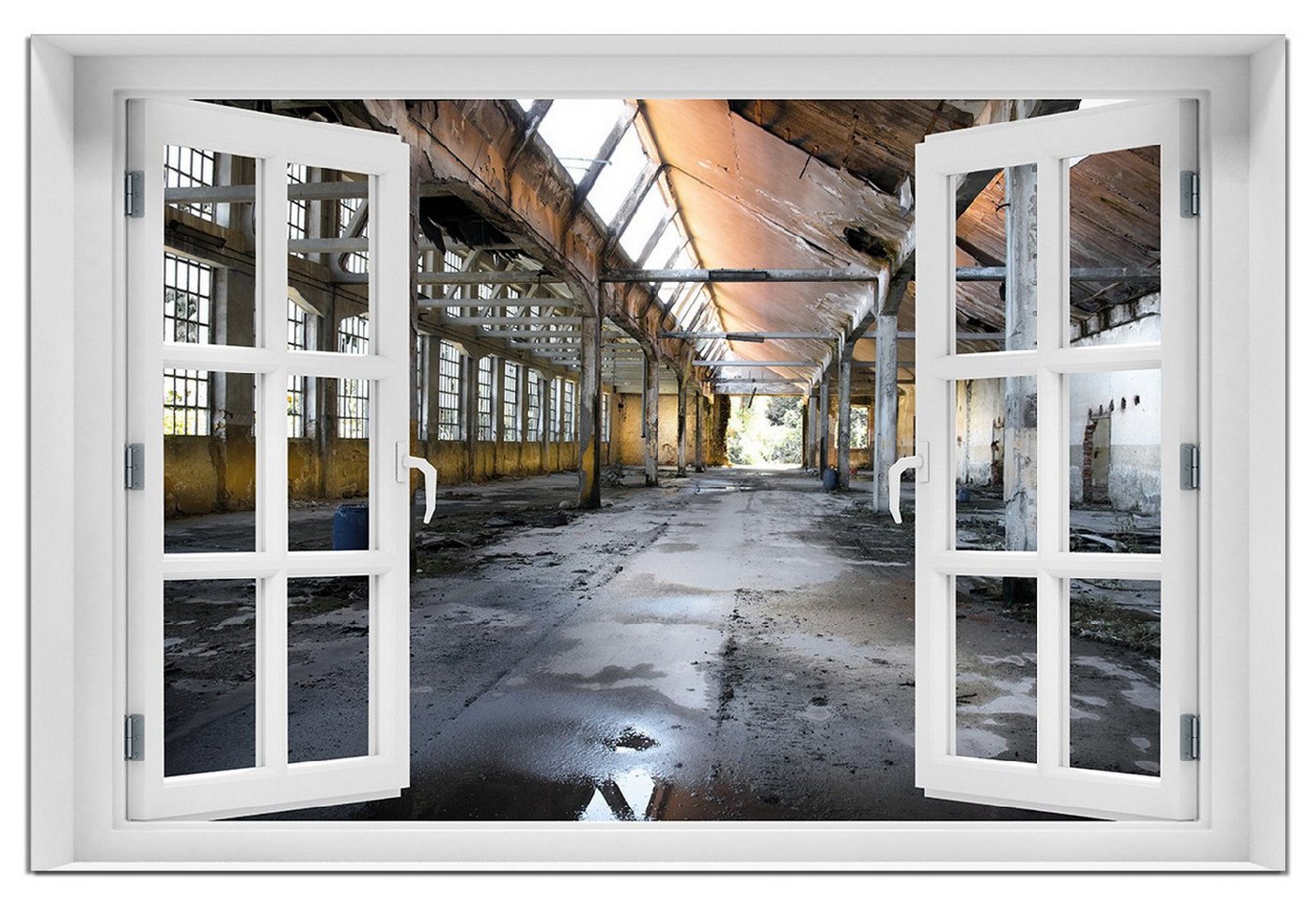 Wallario Wandfolie, Alte Industriehalle leerstehend und einsam, mit Fenster-Illusion, wasserresistent, geeignet für Bad und Dusche Wallario Wandfolie, Alte Industriehalle leerstehend und einsam, mit Fenster-Illusion, wasserresistent, geeignet für Bad und Dusche von Wallario