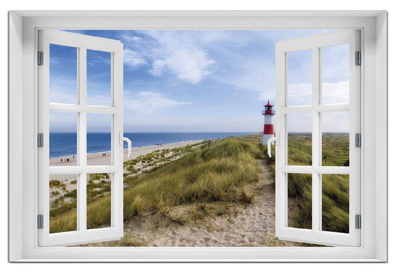 Wallario Wandfolie, Am Strand von Sylt Leuchtturm auf der Düne Panorama, mit Fenster-Illusion, wasserresistent, geeignet für Bad und Dusche Wallario Wandfolie, Am Strand von Sylt Leuchtturm auf der Düne Panorama, mit Fenster-Illusion, wasserresistent, geeignet für Bad und Dusche von Wallario