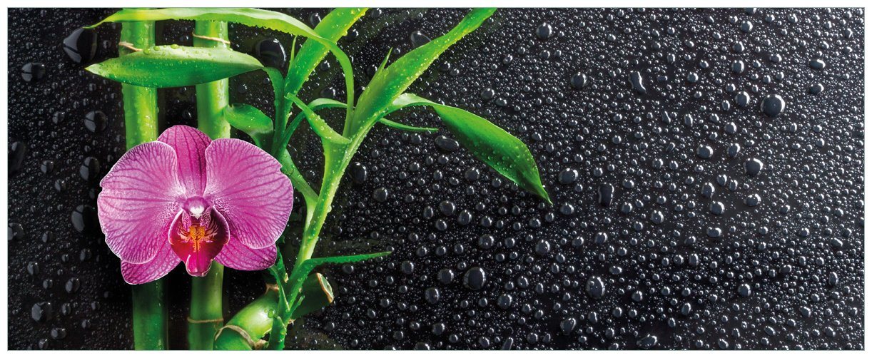 Wallario Wandfolie, Bambus und pinke Orchidee auf schwarzem Glas mit Regentropfen, in verschiedenen Ausführungen Wallario Wandfolie, Bambus und pinke Orchidee auf schwarzem Glas mit Regentropfen, in verschiedenen Ausführungen von Wallario