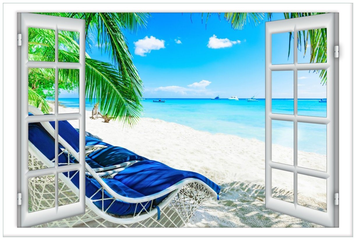 Wallario Wandfolie, Blick durch ein Fenster auf den Strand, in verschiedenen Ausführungen von Wallario