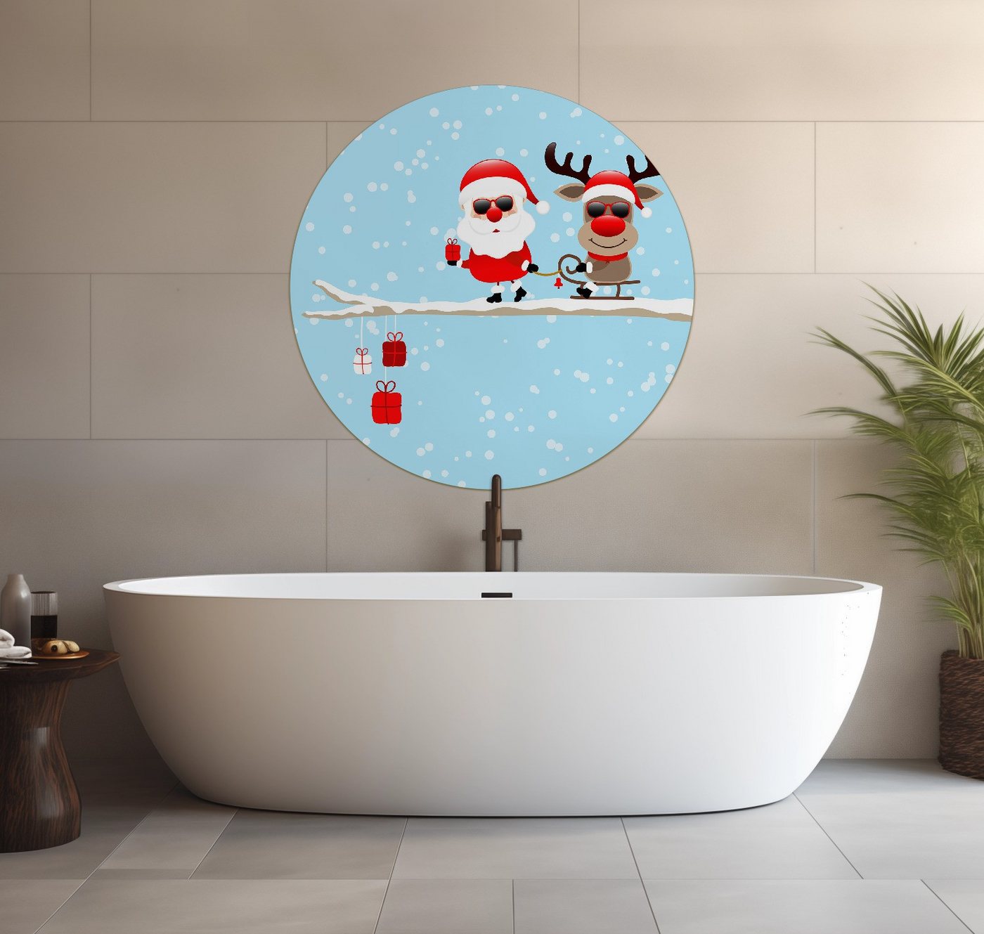 Wallario Wandfolie, Cooler Weihnachtsmann mit Rentier auf einem Ast, wasserresistent, geeignet für Bad und Dusche von Wallario
