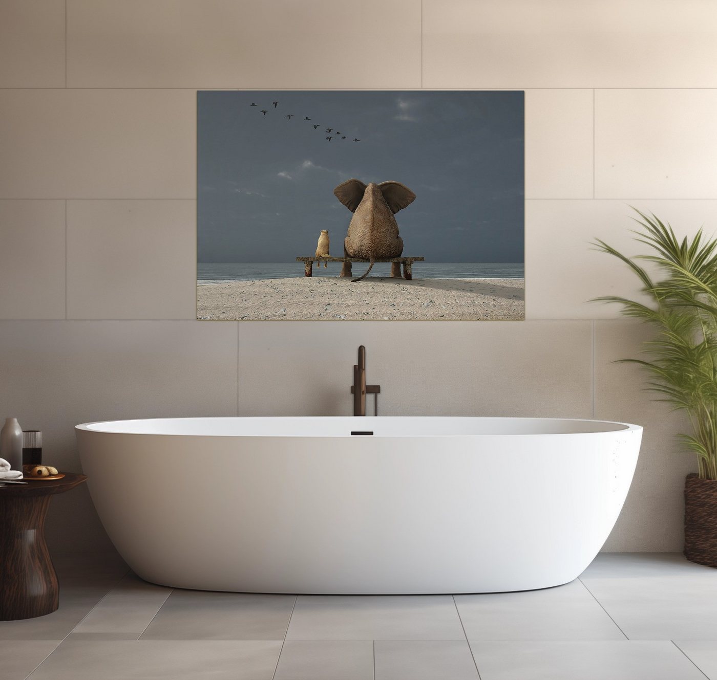 Wallario Wandfolie, Elefant und Hund sitzen auf einer Bank, wasserresistent, geeignet für Bad und Dusche von Wallario