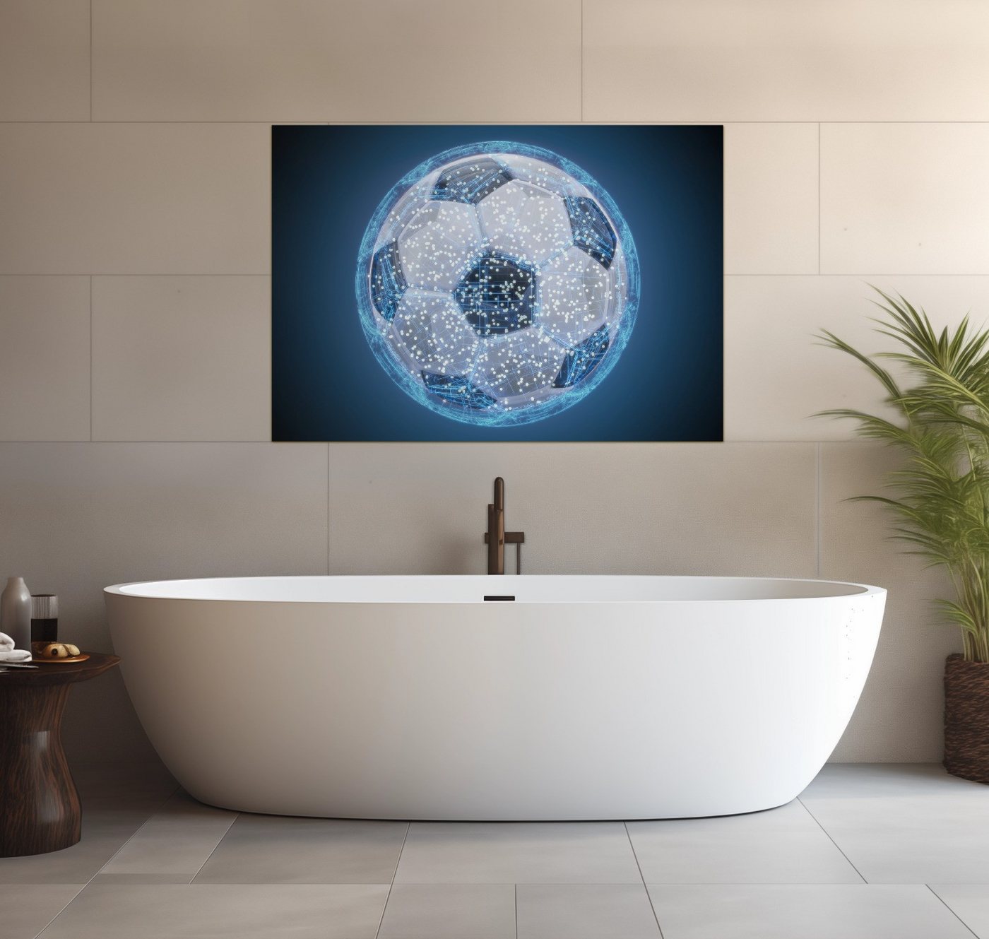 Wallario Wandfolie, Fußball digital - Netzwerk in blau, wasserresistent, geeignet für Bad und Dusche von Wallario