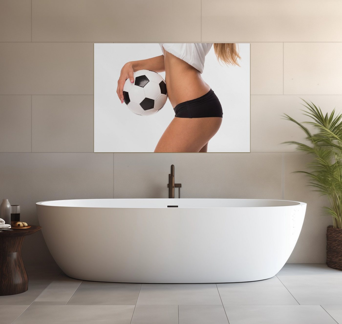 Wallario Wandfolie, Fußball - sexy Frau mit einem Fußball, wasserresistent, geeignet für Bad und Dusche von Wallario
