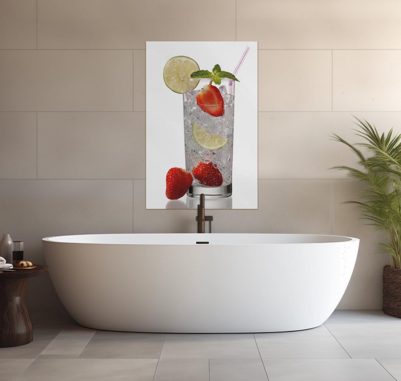 Wallario Wandfolie, Glas Wasser mit Erdbeeren, wasserresistent, geeignet für Bad und Dusche von Wallario