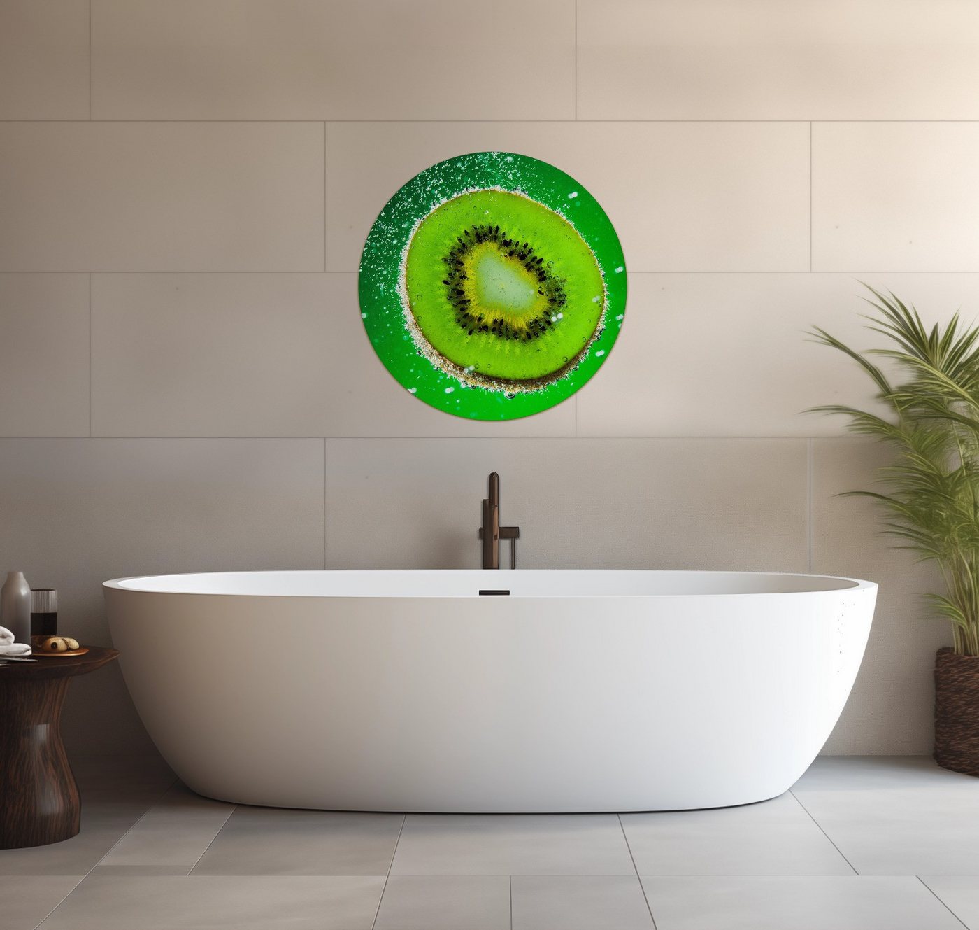Wallario Wandfolie, Grüne Kiwi-Scheibe im Wasser, wasserresistent, geeignet für Bad und Dusche von Wallario