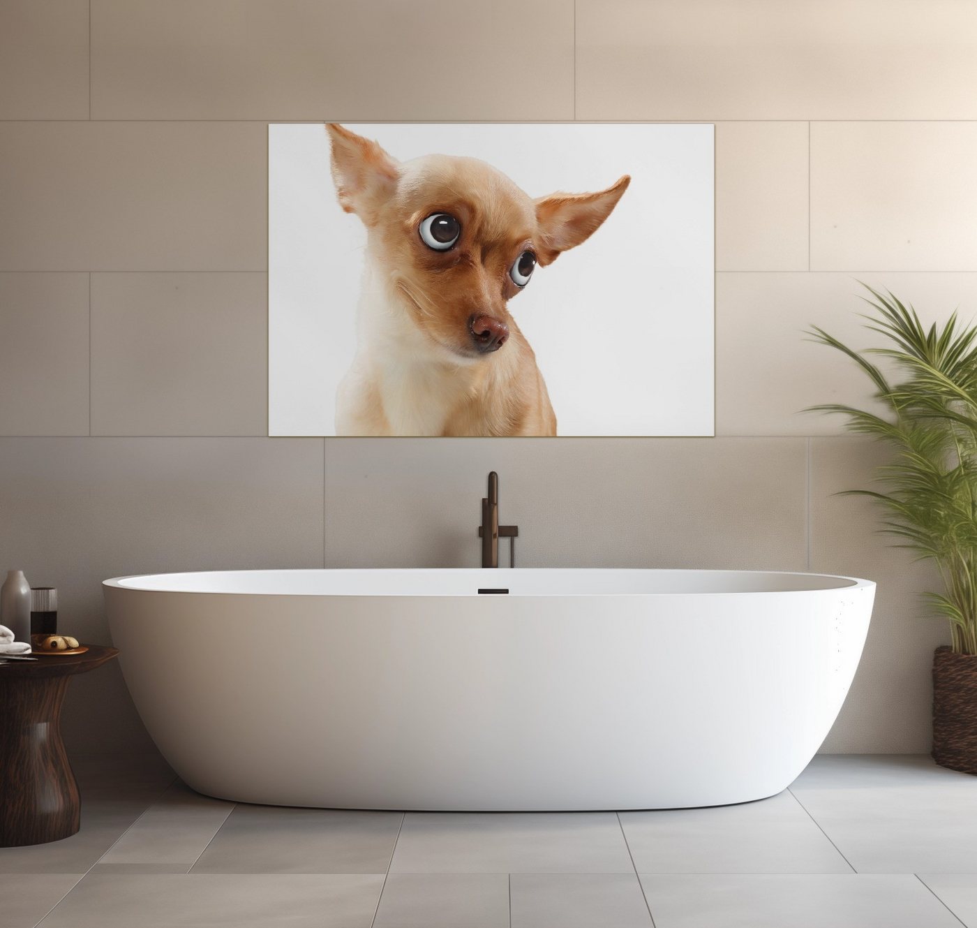 Wallario Wandfolie, Lustiger Hund mit fliegenden Ohren, wasserresistent, geeignet für Bad und Dusche von Wallario