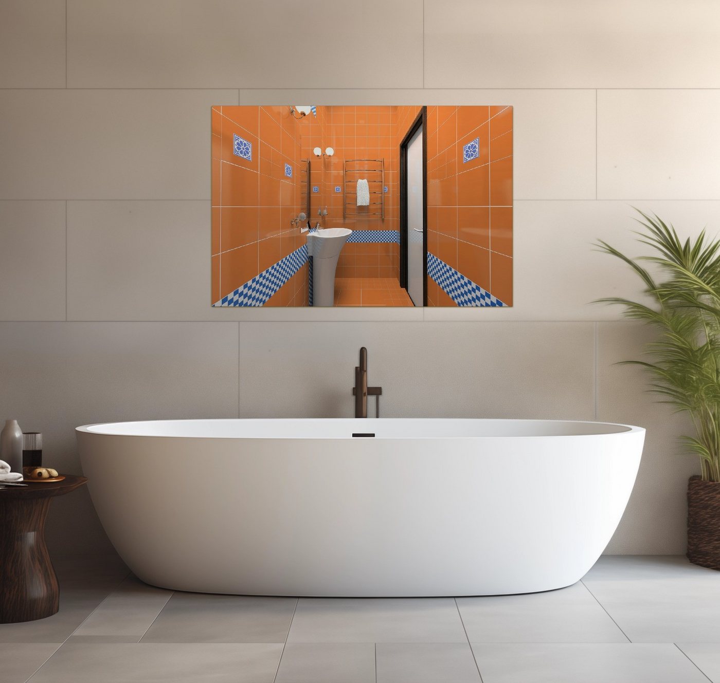 Wallario Wandfolie, Modernes Badezimmer in orange mit blauen Fliesen, wasserresistent, geeignet für Bad und Dusche von Wallario