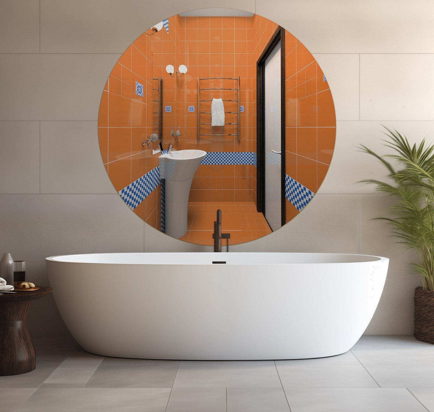Wallario Wandfolie, Modernes Badezimmer in orange mit blauen Fliesen, wasserresistent, geeignet für Bad und Dusche von Wallario
