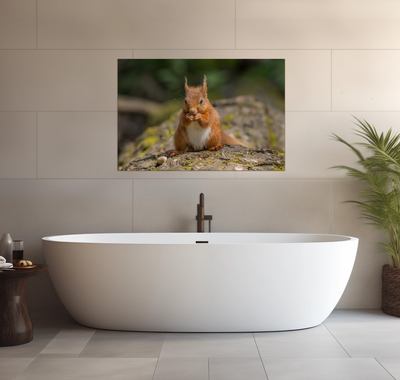 Wallario Wandfolie, Niedliches Eichhörnchen knabbert an einer Nuss, wasserresistent, geeignet für Bad und Dusche von Wallario