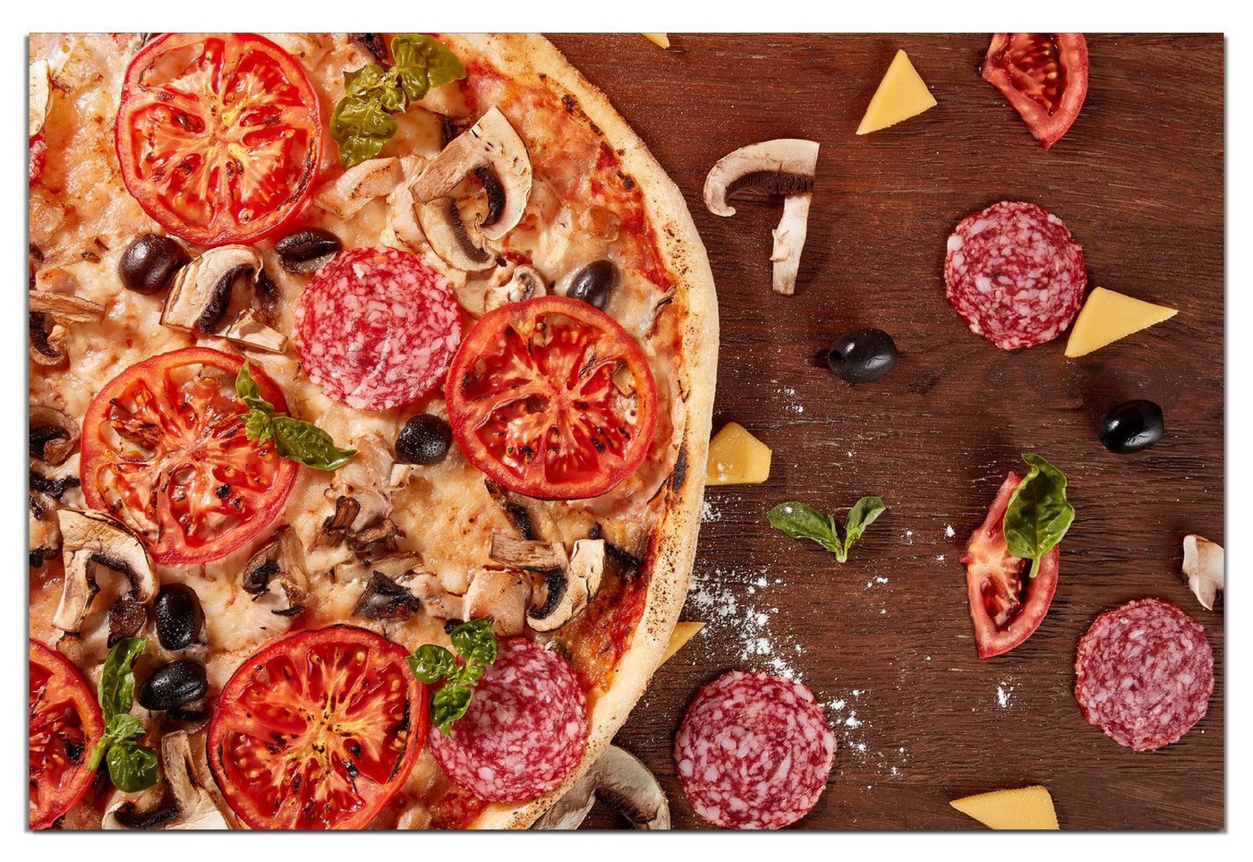 Wallario Wandfolie, Pizza mit Tomaten, Salami, Oliven und Pilzen, wasserresistent, geeignet für Bad und Dusche Wallario Wandfolie, Pizza mit Tomaten, Salami, Oliven und Pilzen, wasserresistent, geeignet für Bad und Dusche von Wallario