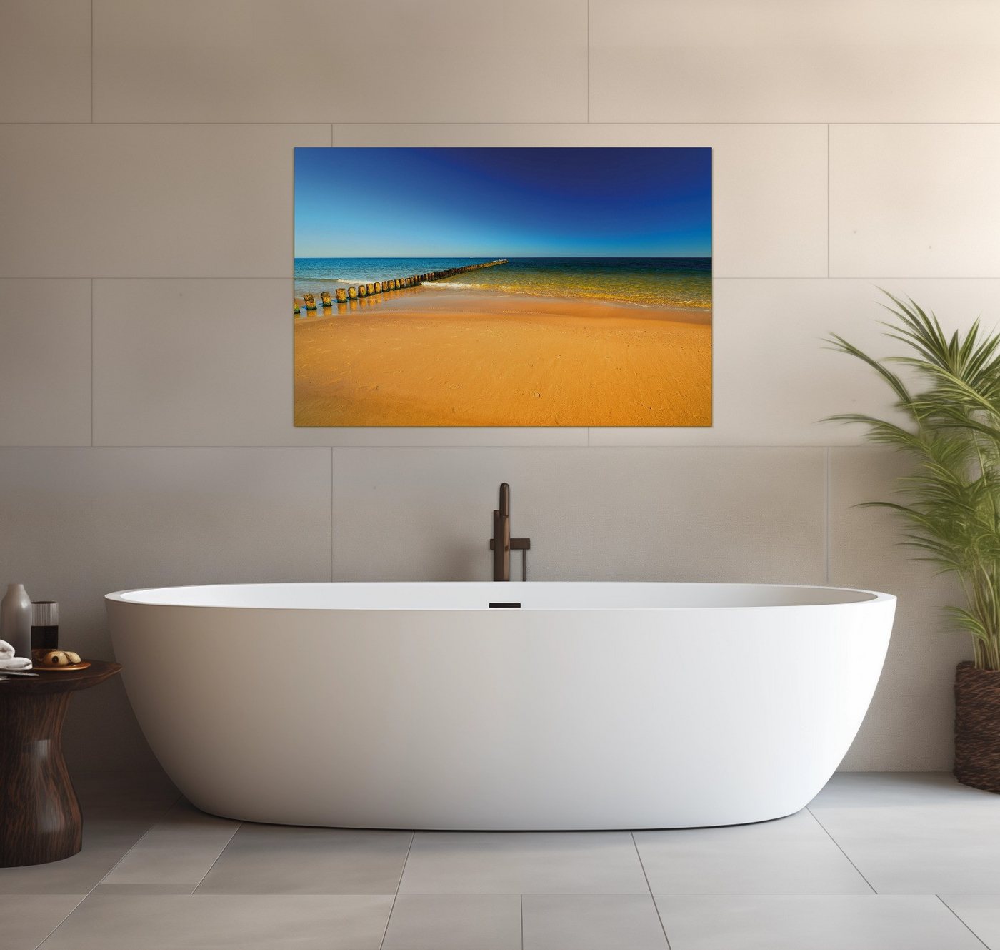 Wallario Wandfolie, Sandstrand in orange - Blaues Meer - Blauer Himmel, wasserresistent, geeignet für Bad und Dusche von Wallario