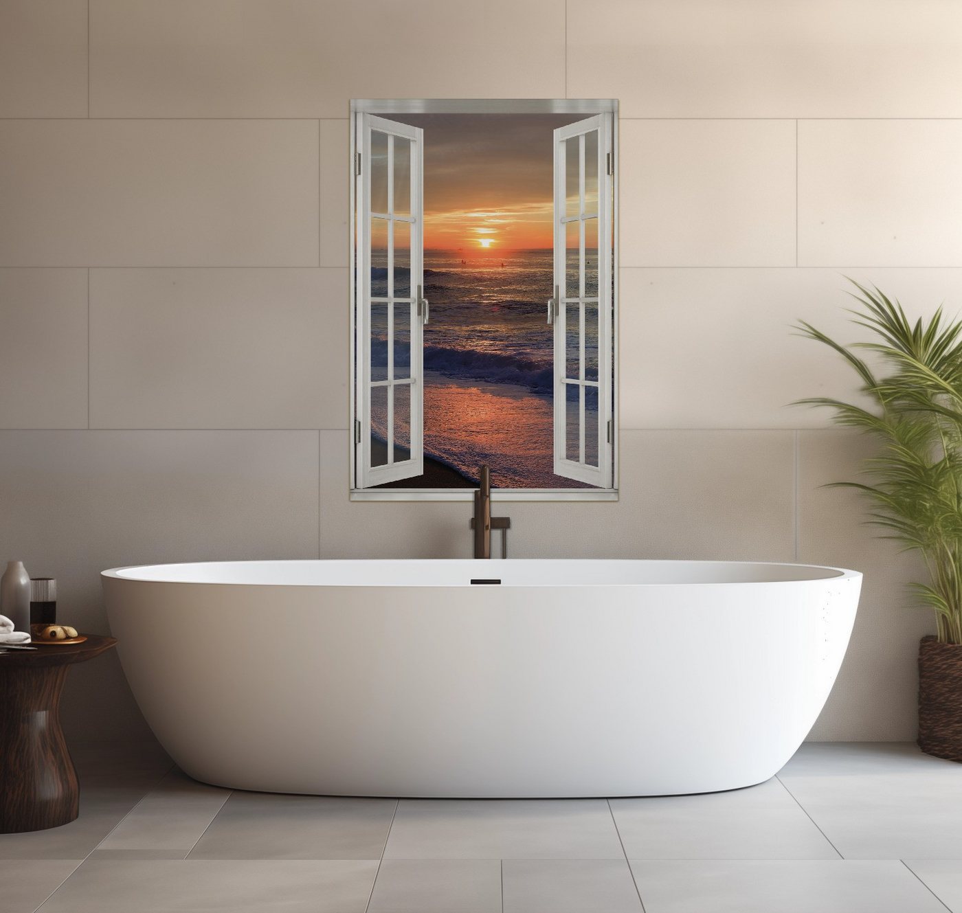 Wallario Wandfolie, Sonne über dem Meer, mit Fenster-Illusion, wasserresistent, geeignet für Bad und Dusche von Wallario