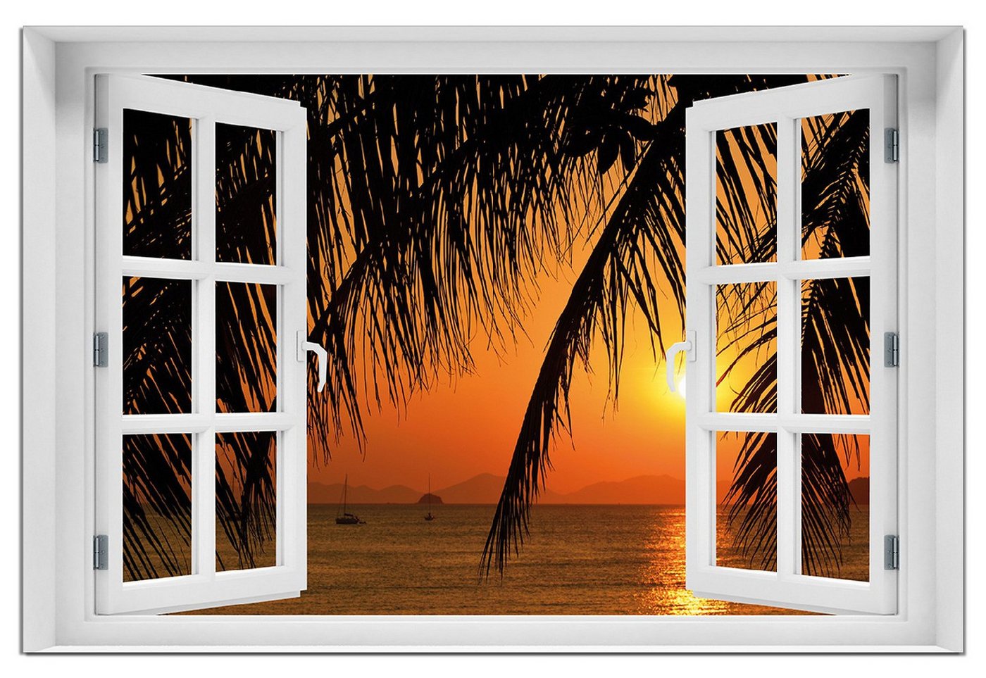 Wallario Wandfolie, Sonnenuntergang unter Palmenblättern, mit Fenster-Illusion, wasserresistent, geeignet für Bad und Dusche Wallario Wandfolie, Sonnenuntergang unter Palmenblättern, mit Fenster-Illusion, wasserresistent, geeignet für Bad und Dusche von Wallario