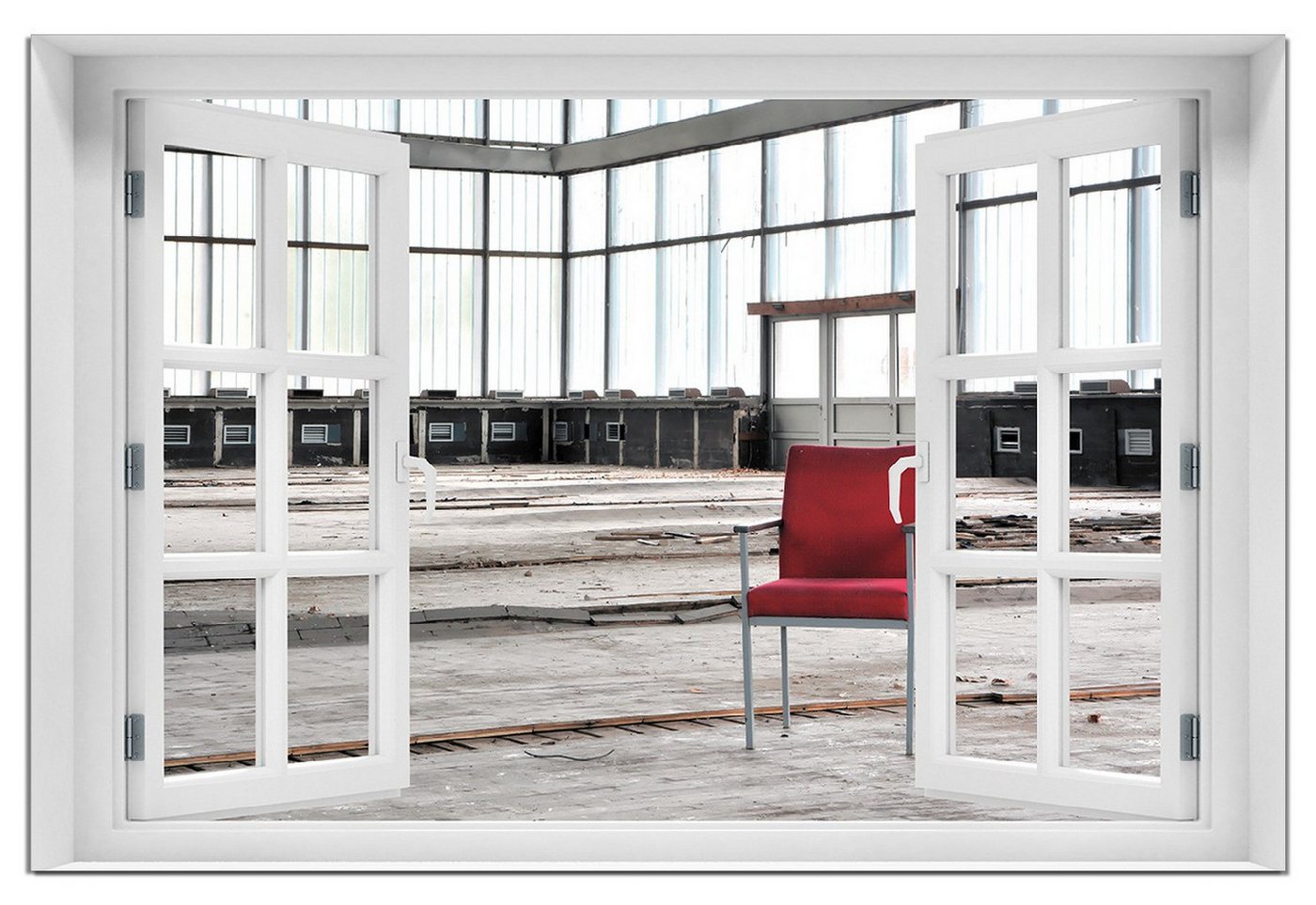 Wallario Wandfolie, Stille und Leere - ein einsamer roter Stuhl in einer alten Halle, mit Fenster-Illusion, wasserresistent, geeignet für Bad und Dusche von Wallario