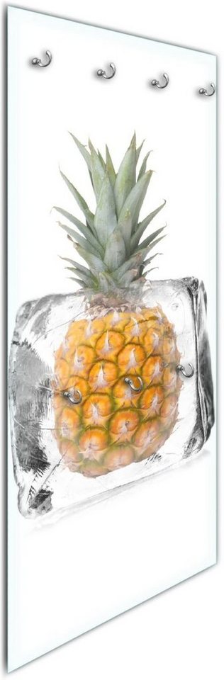 Wallario Wandgarderobe Ananas in Eiswürfel - Eiskaltes Obst (1-teilig, inkl. Haken und Befestigungsset), 50x125cm, aus ESG-Sicherheitsglas von Wallario