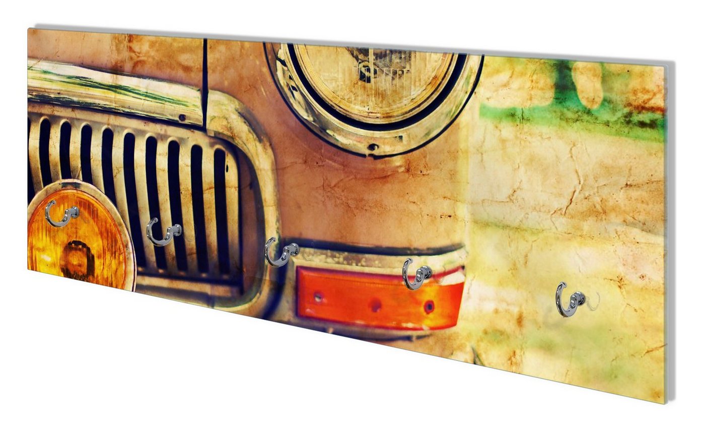 Wallario Wandgarderobe Antiker Oldtimer in Sepiafarben - Frontansicht (1-teilig, inkl. Haken und Befestigungsset), 80x30cm, aus ESG-Sicherheitsglas von Wallario