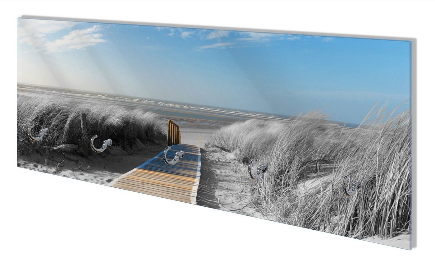 Wallario Wandgarderobe Auf dem Holzweg zum Strand in schwarz-weiß Optik (1-teilig, inkl. Haken und Befestigungsset), 80x30cm, aus ESG-Sicherheitsglas von Wallario