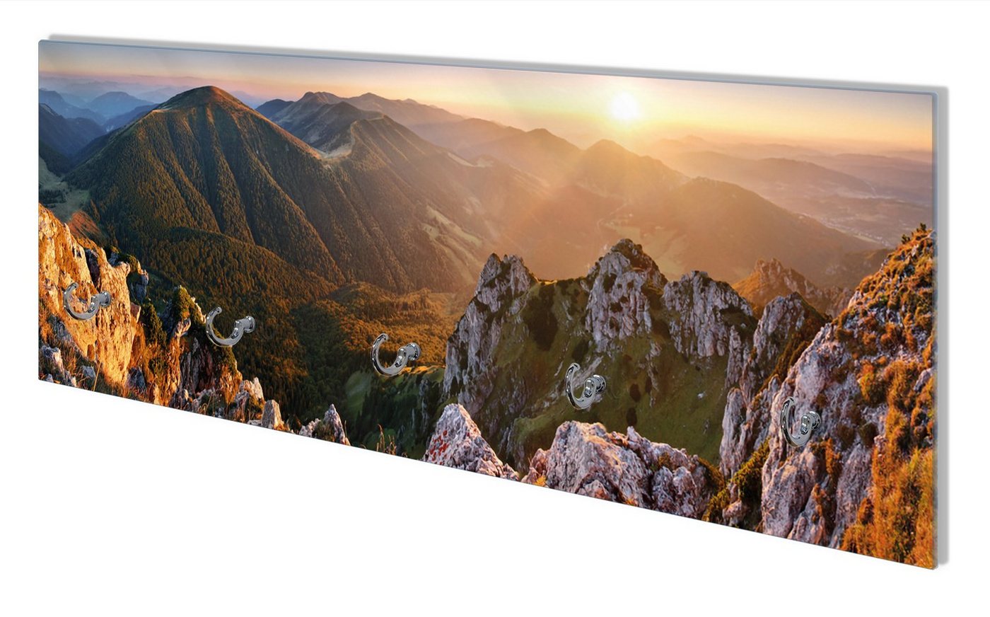 Wallario Wandgarderobe Berglandschaft mit Sonnenuntergang in der Slowakei (1-teilig, inkl. Haken und Befestigungsset), 80x30cm, aus ESG-Sicherheitsglas von Wallario