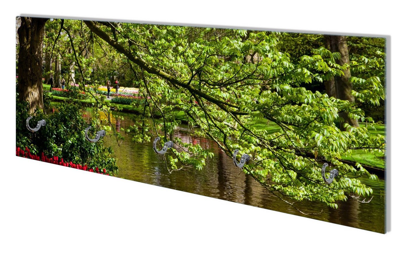 Wallario Wandgarderobe Bunte Blumen im Park am Wasser - Frühblüher am Ufer (1-teilig, inkl. Haken und Befestigungsset), 80x30cm, aus ESG-Sicherheitsglas von Wallario