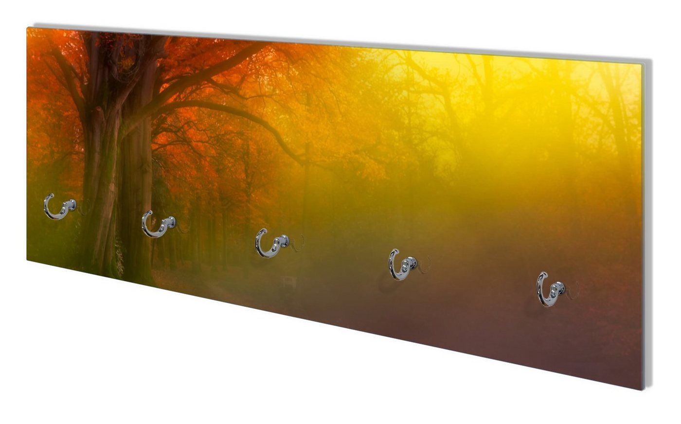 Wallario Wandgarderobe Bunter Herbst - Waldlandschaft bei Nebel in Regenbogenfarben (1-teilig, inkl. Haken und Befestigungsset), 80x30cm, aus ESG-Sicherheitsglas von Wallario