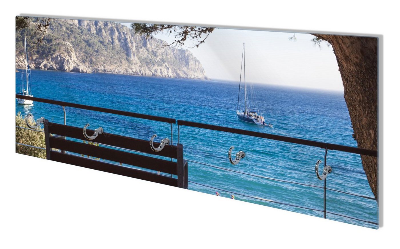 Wallario Wandgarderobe Einsame Bank am Meer - Spanien im Sommer (1-teilig, inkl. Haken und Befestigungsset), 80x30cm, aus ESG-Sicherheitsglas von Wallario