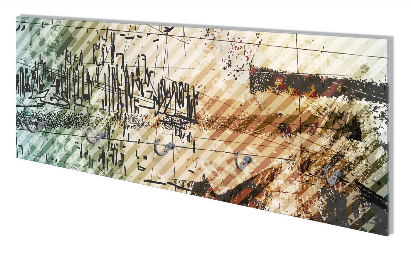 Wallario Wandgarderobe Grunge Stil Streifen Schrift und Muster (1-teilig, inkl. Haken und Befestigungsset), 80x30cm, aus ESG-Sicherheitsglas von Wallario