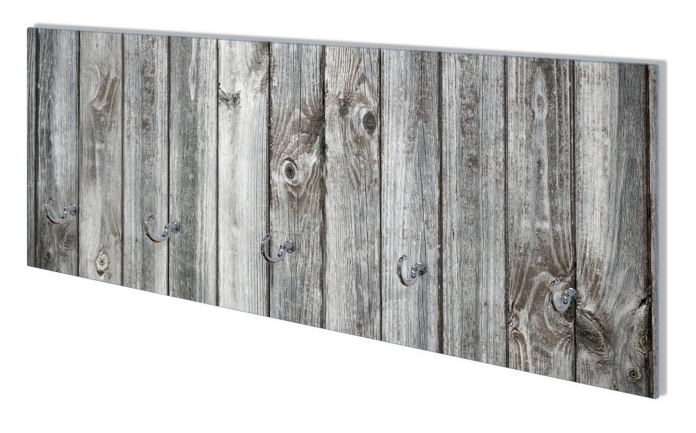 Wallario Wandgarderobe Holz-Optik Textur hellgraues Holz Paneele Dielen mit Asteinschlüssen (1-teilig, inkl. Haken und Befestigungsset), 80x30cm, aus ESG-Sicherheitsglas von Wallario