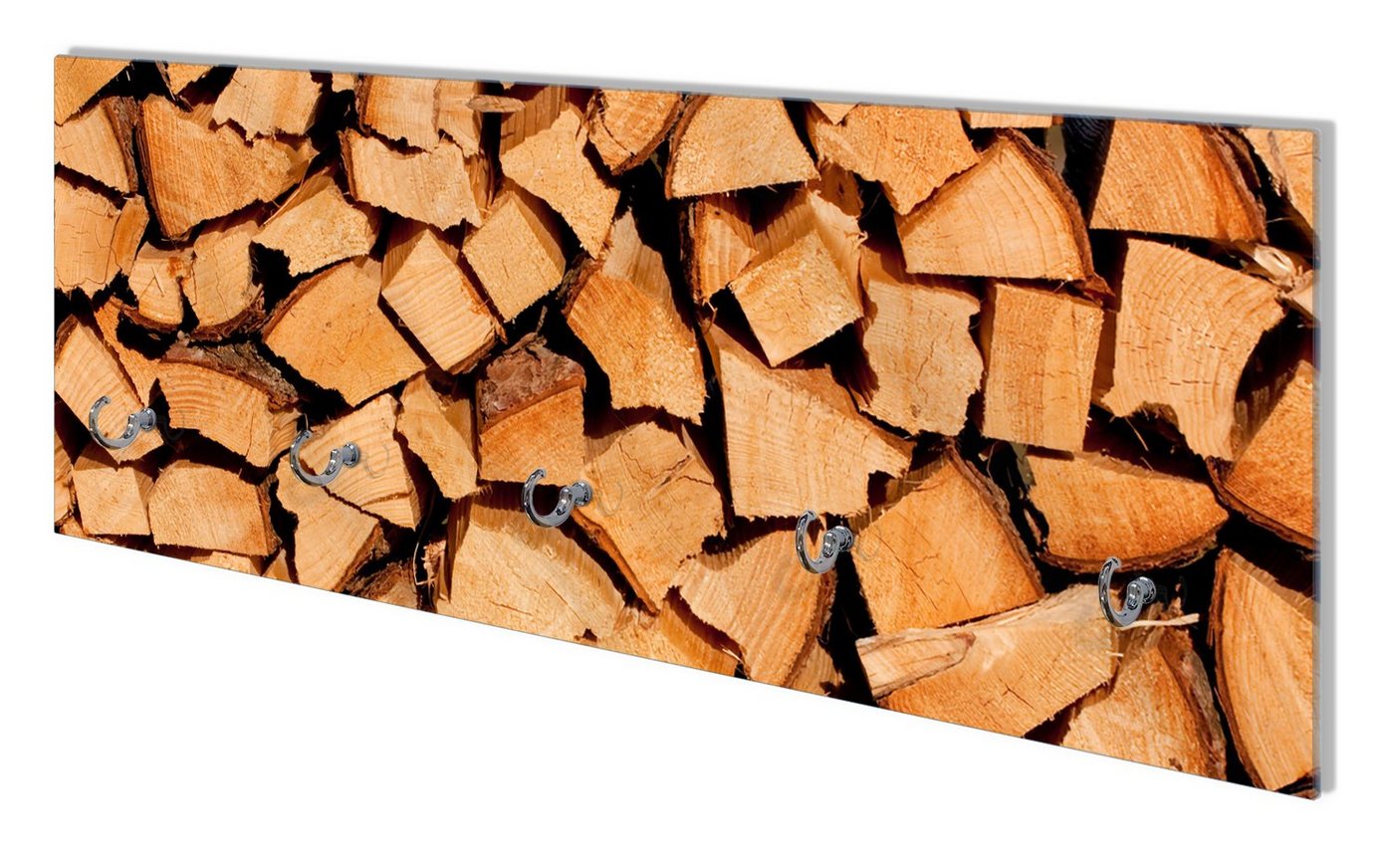 Wallario Wandgarderobe Holzstapel gehackt - Holzscheite für den Kamin (1-teilig, inkl. Haken und Befestigungsset), 80x30cm, aus ESG-Sicherheitsglas von Wallario