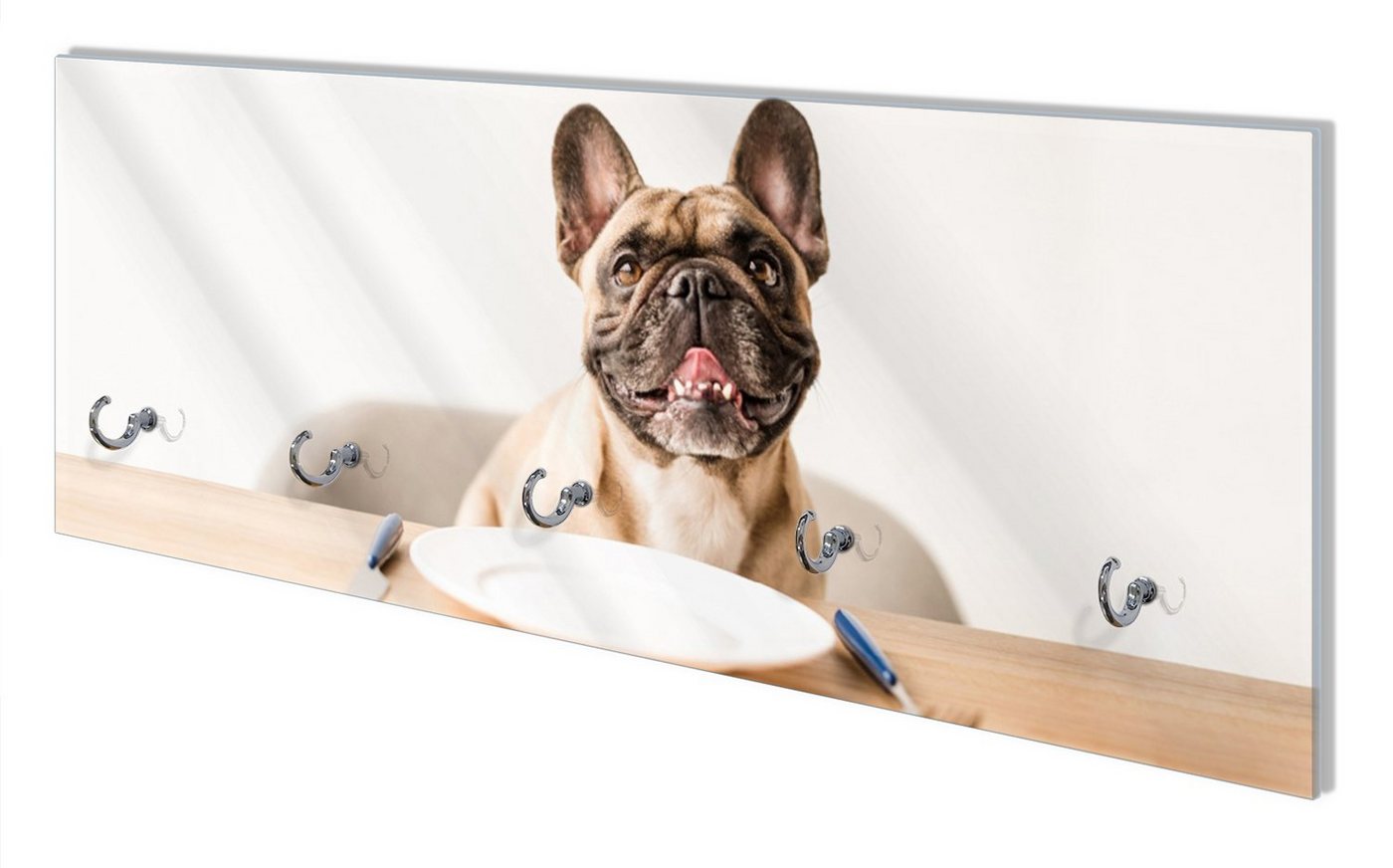 Wallario Wandgarderobe Hund freut sich auf Essen (1-teilig, inkl. Haken und Befestigungsset), 80x30cm, aus ESG-Sicherheitsglas von Wallario