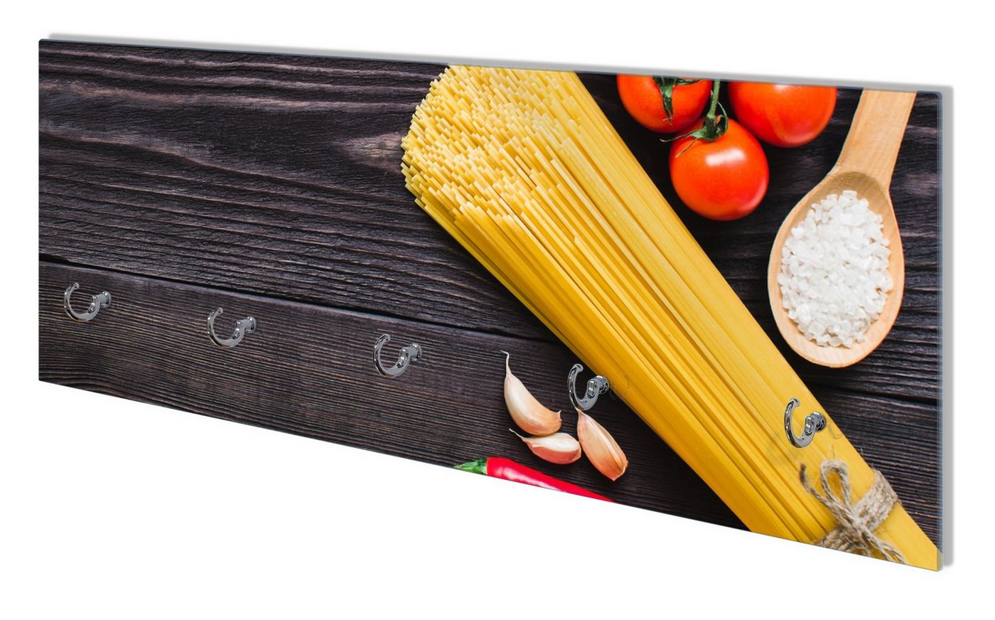 Wallario Wandgarderobe Italienisches Menü mit Spaghetti, Tomaten, Salz und Chilischoten (1-teilig, inkl. Haken und Befestigungsset), 80x30cm, aus ESG-Sicherheitsglas von Wallario