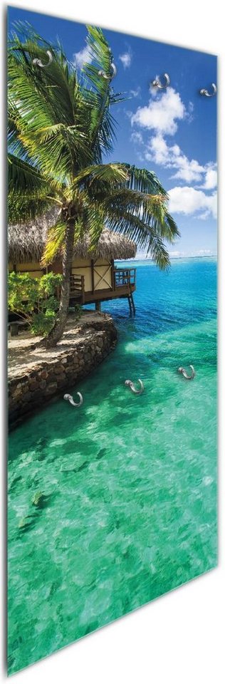 Wallario Wandgarderobe Karibisches Meer  Einsame Hütte unter Palmen (1-teilig, inkl. Haken und Befestigungsset), 50x125cm, aus ESG-Sicherheitsglas von Wallario